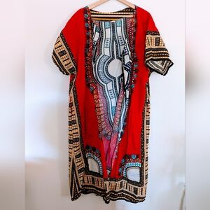 Vibrant Red Geometric Festival Robe Bathingsuit Coverup Graphic Duster One Size